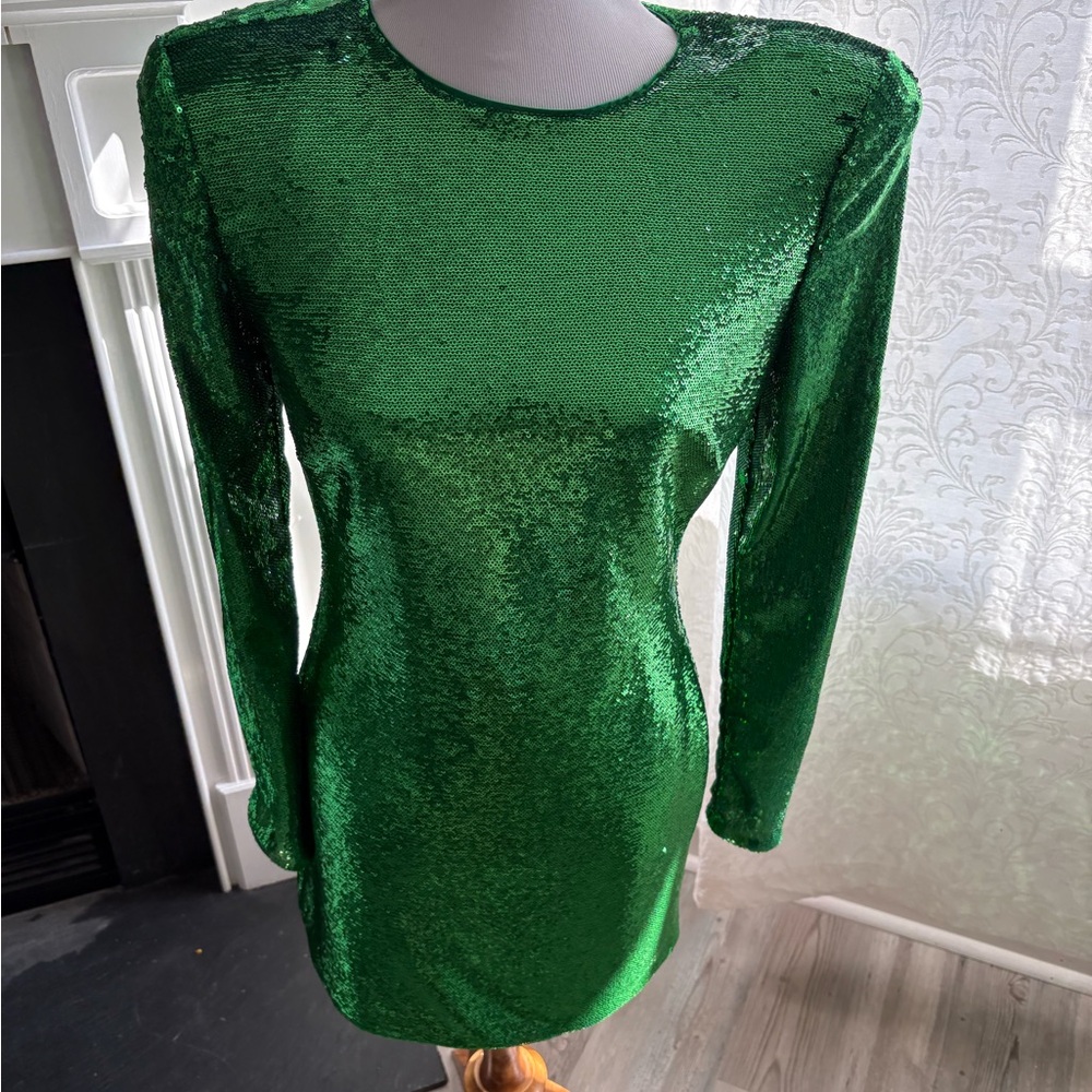 Bardot Shimmering Emerald Long Sleeve Dress